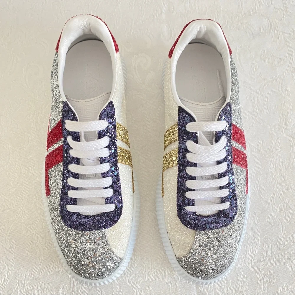 LANVIN GLEN LOW TOP SNEAKERS - SILVER/RED